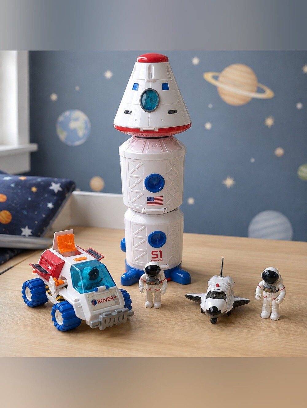 Astro Venture Playmind Space Station Rover Shuttle Astronaut Figures Toy Set